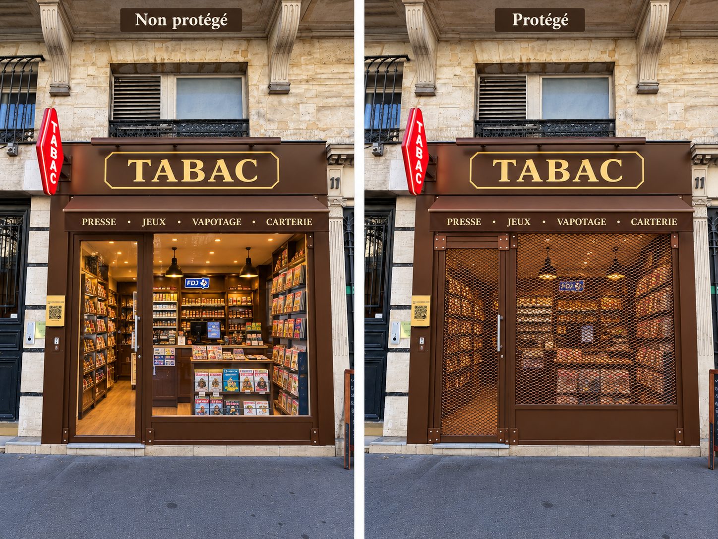 Devanture d'un bureau de tabac à Paris avant et après la pose d'une grille de protection LumiShield ajourée : la vitrine reste visible